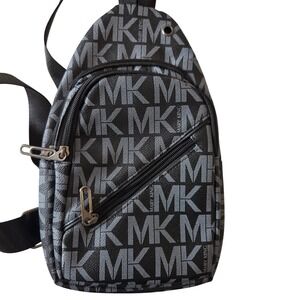Mary King Black Monogram Sling Backpack Crossbody Bag MK Print Vegan Leather